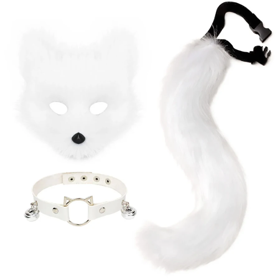 Faux Fur Fox Mask Wolf Cat Fluffy Tail and Leather Necklace Set Halloween Party Cosplay Costume Accessory