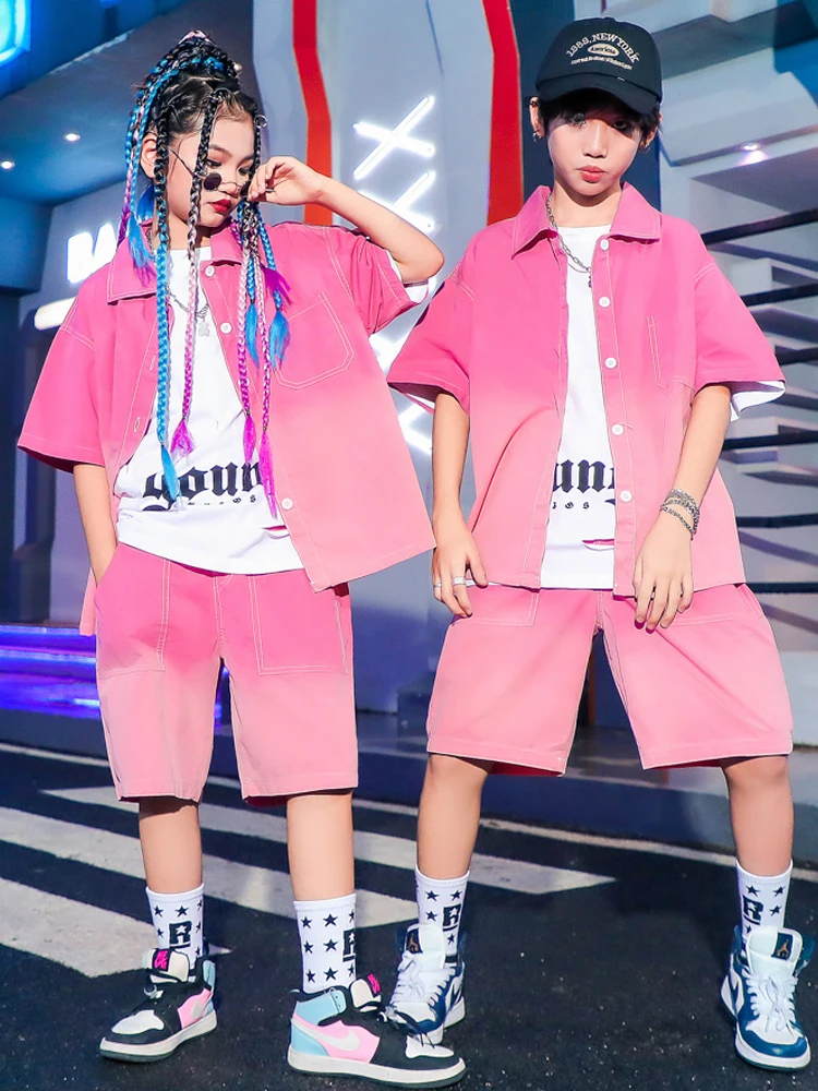

Fashion Children Costume Pink Denim Hip Hop Suit For Girls Boys Jazz Dance Costume Street Dance Stage Performance Outfit BL11148