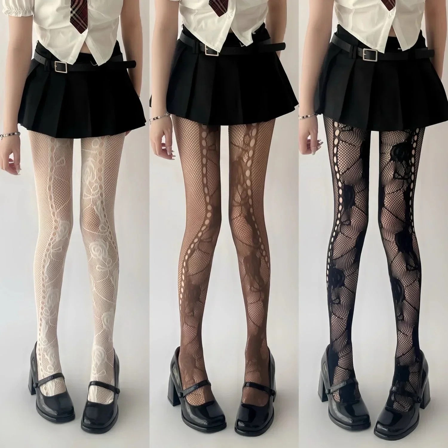 Ins Floral Jacquard Sexy Stockings Women Gothic Punk Black Fishnet Pantyhose Harajuku Lolita Irregular Rose Holes Mesh Tights