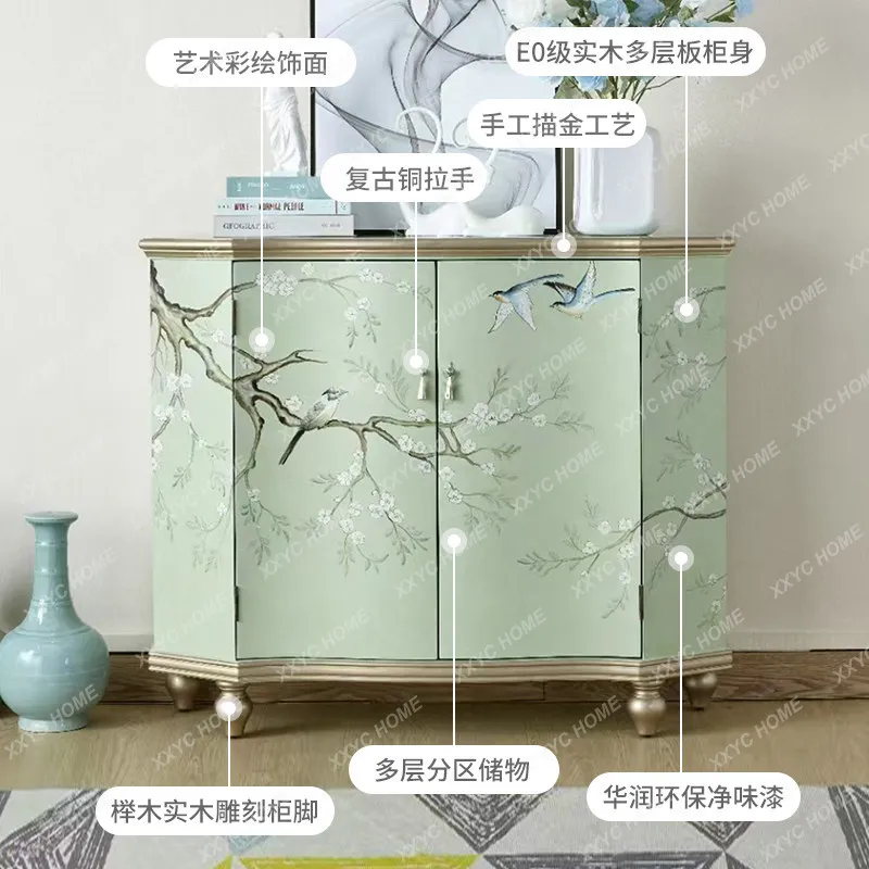 Painted entrance cabinet, home partition decorative cabinet, villa solid wood art hand-painted storage side cabinet