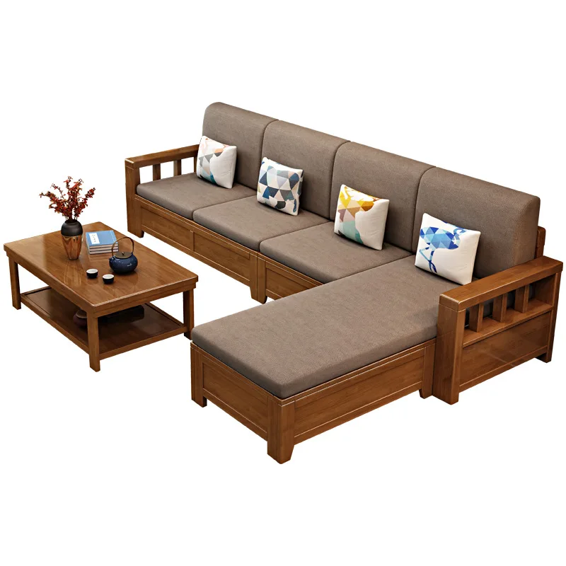 

Solid wood sofa, combination, modern, simple, small apartment, fabric, new Chinese style