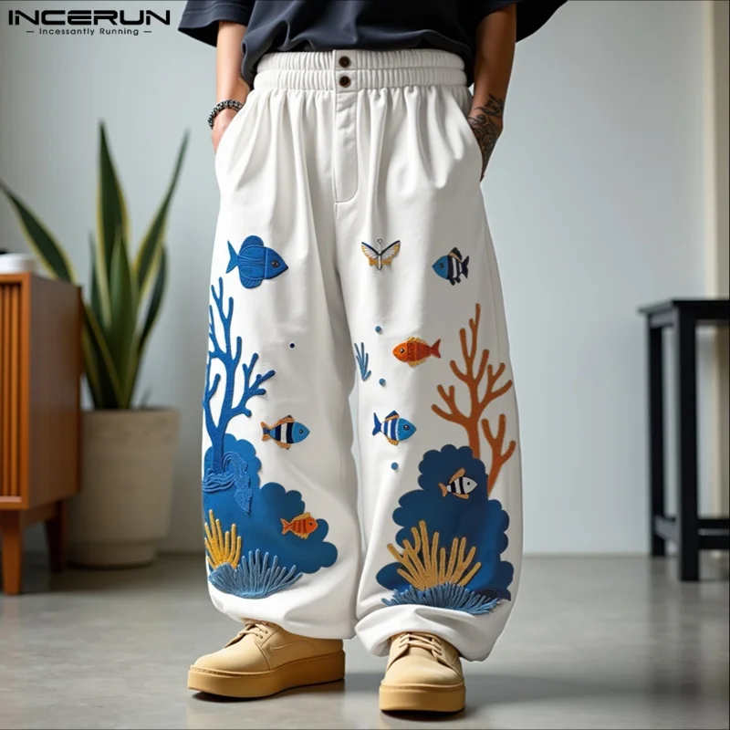 INCERUN мужские брюки с принтом и эластичной резинкой на талии, джоггеры, свободные повседневные прямые брюки, мужская уличная одежда, модные длинные брюки 2025, S-5XL
