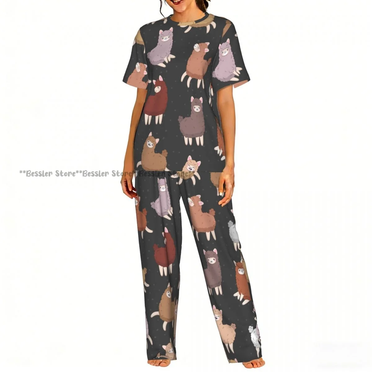 

Women's Funny Cartoon Llama short sleeve trousers casual pajamas set