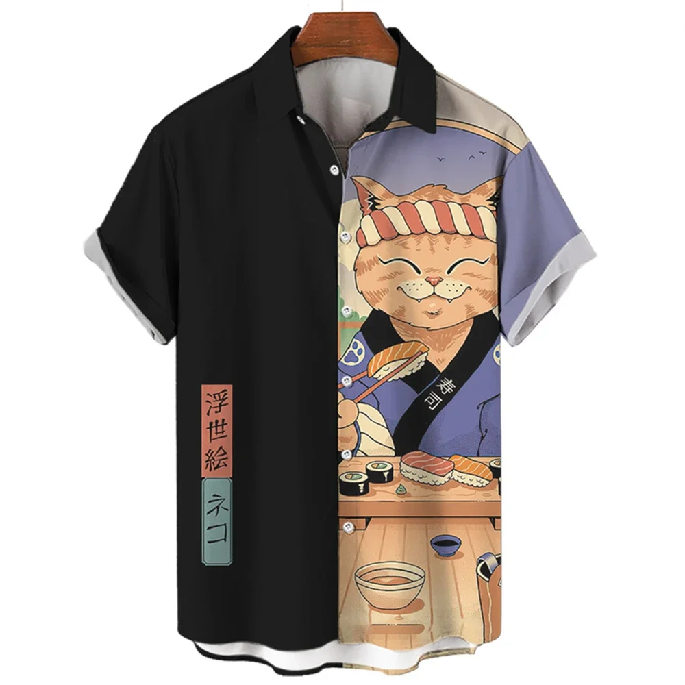 Samurai Cat 3D Printedshirt for Men Summer Clothes for Men Turndown Collar Shirts for Men Street Outdoor Clothes for Men Breatha