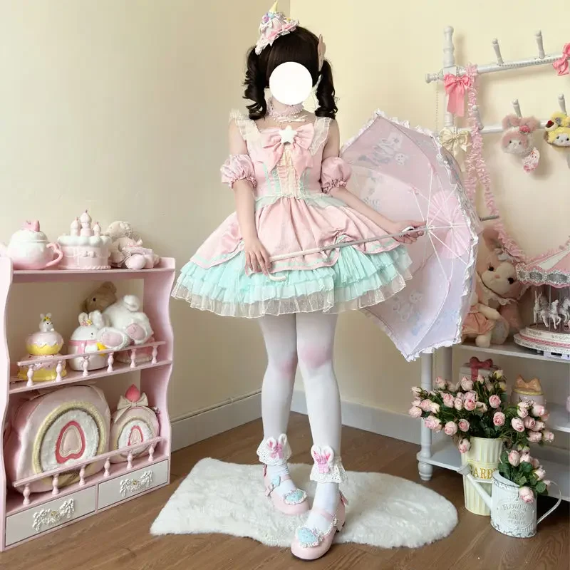 Japonês doce ídolo lolita jsk vestidos kawaii feminino vintage kawaii rendas princesa cinta vestido harajuku lolita cosplay roupas