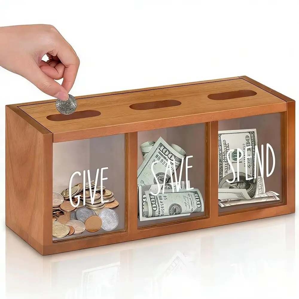 3 Compartments Wooden Money Saving Box Wall-Mount Design Large Capacity Saving Money Jar Clearly Visualized Reusable