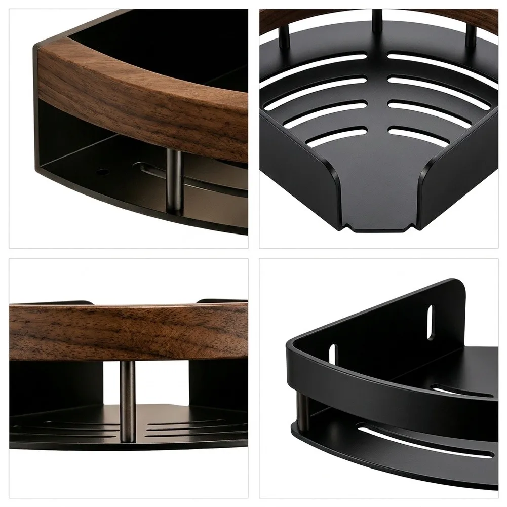 Black Walnut Wood Top Stainless Steel Corner Rack for Bathroom Essentials No Drilling Installation 33x23.6x8cm