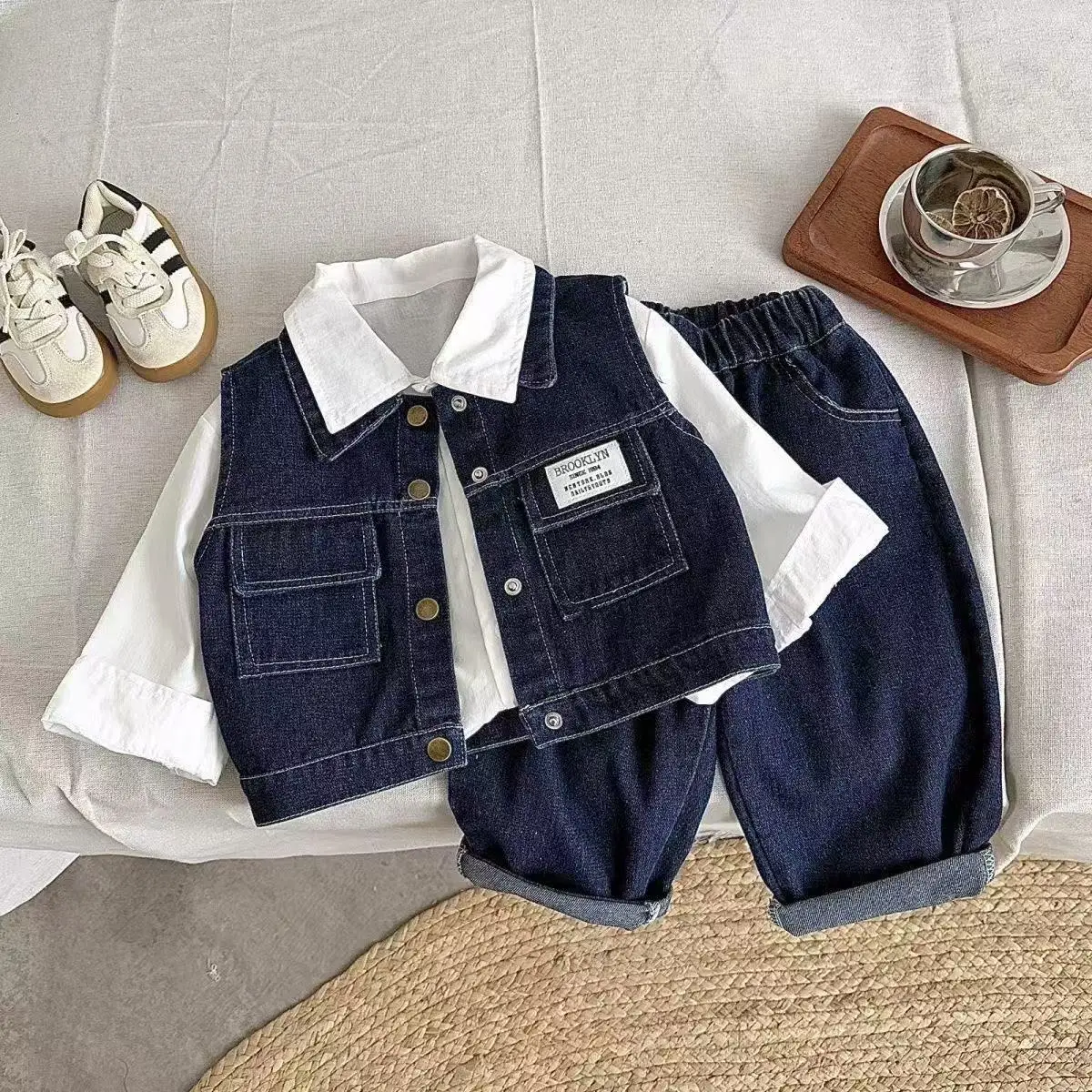 

Children's Clothing Set Spring and Autumn 2026 New Style Boys' Casual Denim Vest Shirt+Jeans Three piece Set Kids Outfits