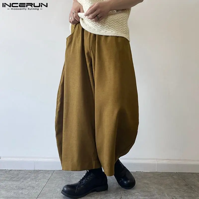 INCERUN Men Pants Solid Color Elastic Waist Loose Joggers Casual Wide Leg Trousers Men Streetwear 2024 Oversize Vintage Pants