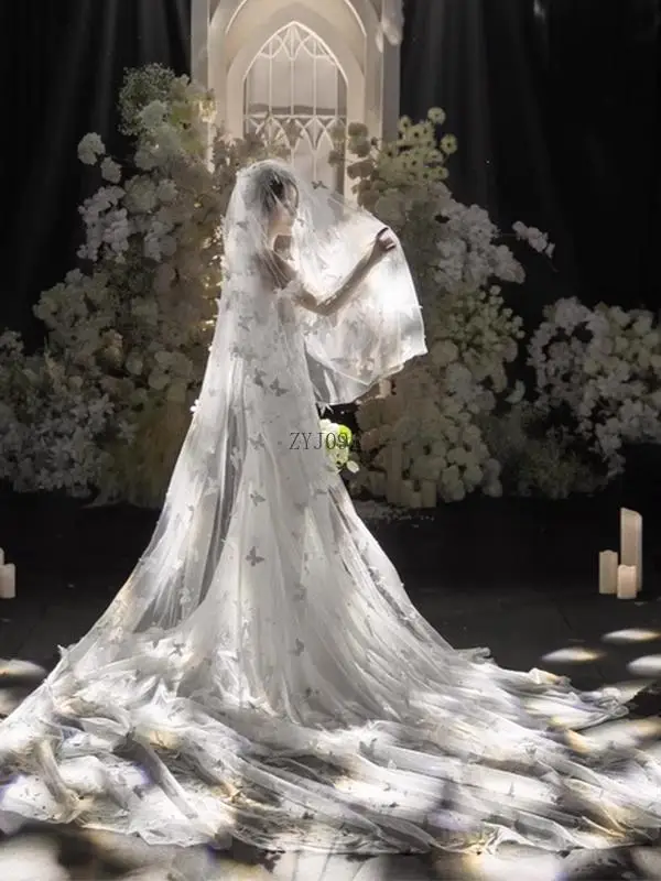 Свадебное белое трехмерное вуаль-бабочка, основное свадебное платье, тяжелая промышленность, жемчужная роскошная мягкая пряжа большого размера со шлейфом