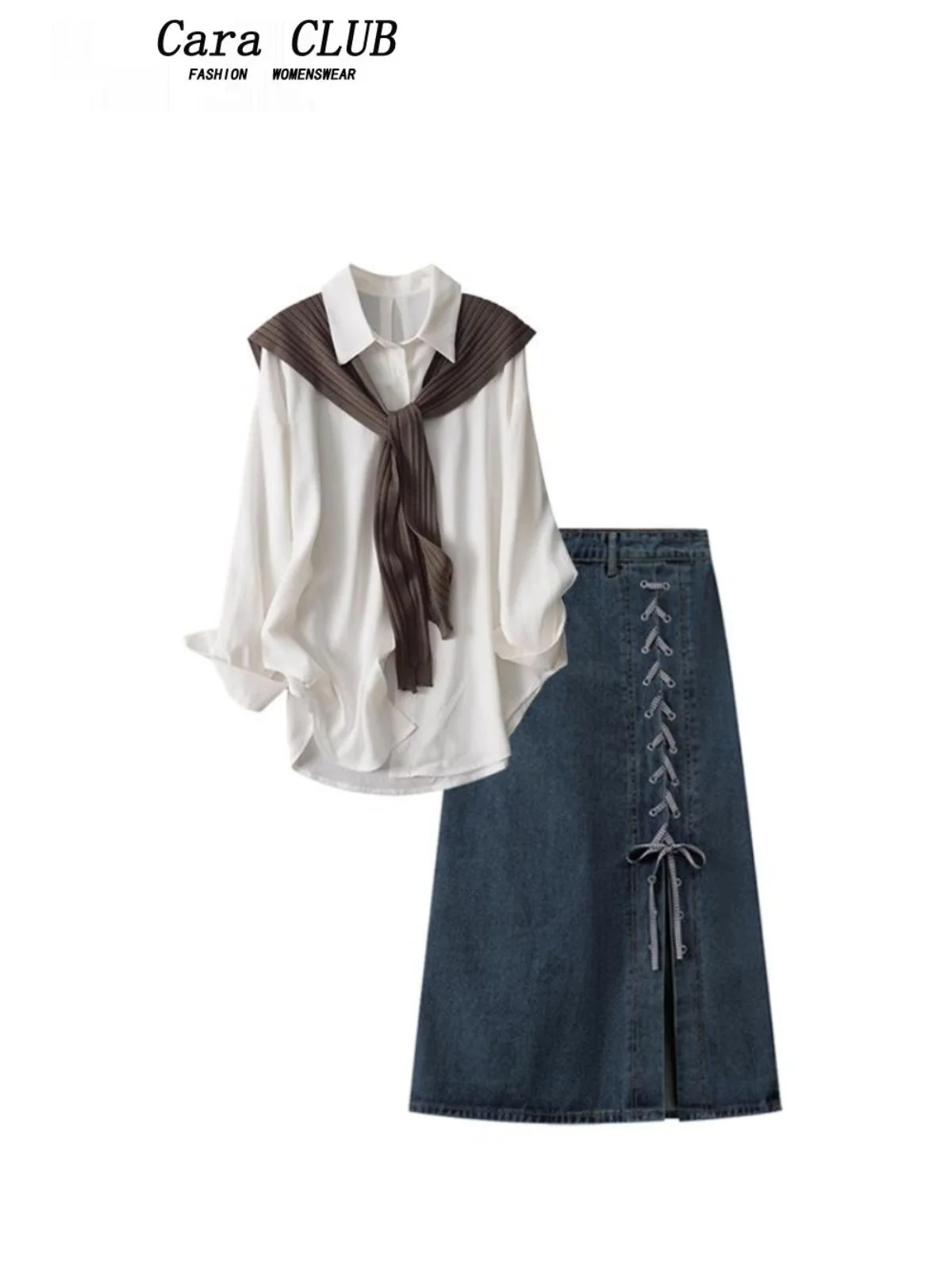 

Комплект из двух предметов CaraCLUB: джинсовая юбка и рубашка с длинным рукавом для женщин больших размеров, весенний повседневный корейский стиль