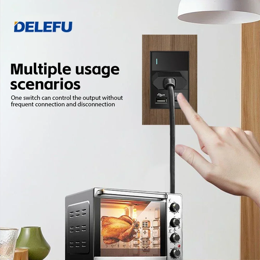 DELEFU 4*2 Aluminum imitation wood Brazil Standard socket Double Usb Type C wall socket Light switch Switzerland 10A 20A