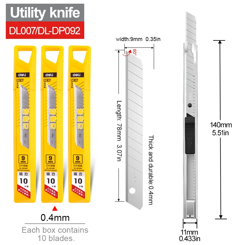 9mm Heavy Duty Utility Knife SK5 Staal Legering Lemmet 60 °   Zilverkleurige rand 0,4 mm dikke tapijt- en behangsnijder
