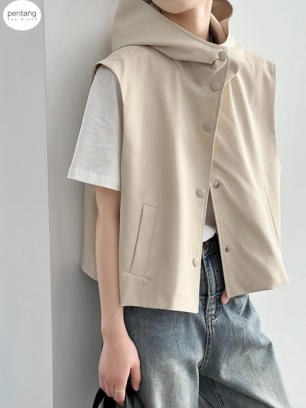 PERITANG Sleeveless Vests for Women Casual Hooded Top 2024 Cardigan Korean Version of The Shoulders Section Sleeveless Jacket