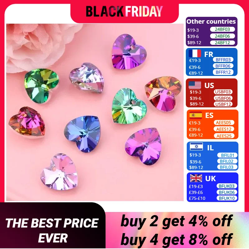 14mm Glass love heart pendant Colorful charms crystal heart beads gems for Women Jewellery Making Earring Necklace DIY 12pcs/lot