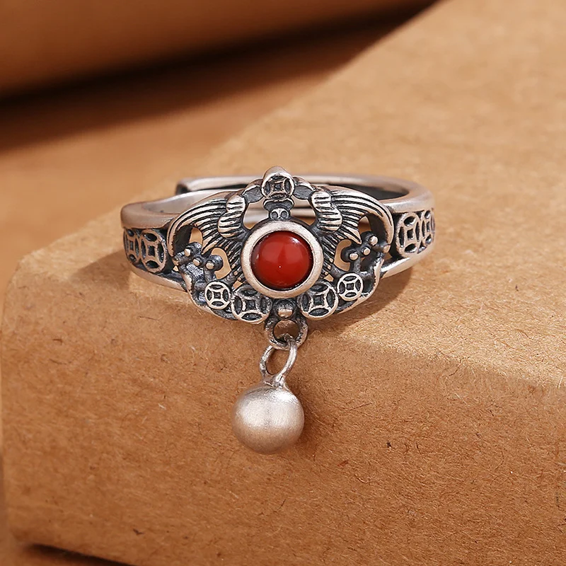 Ethnic Style Imitation South Red Agate Adjustable Ring Women Vintage Thai Silver Color Good Luck Gathering Money Party Jewelry