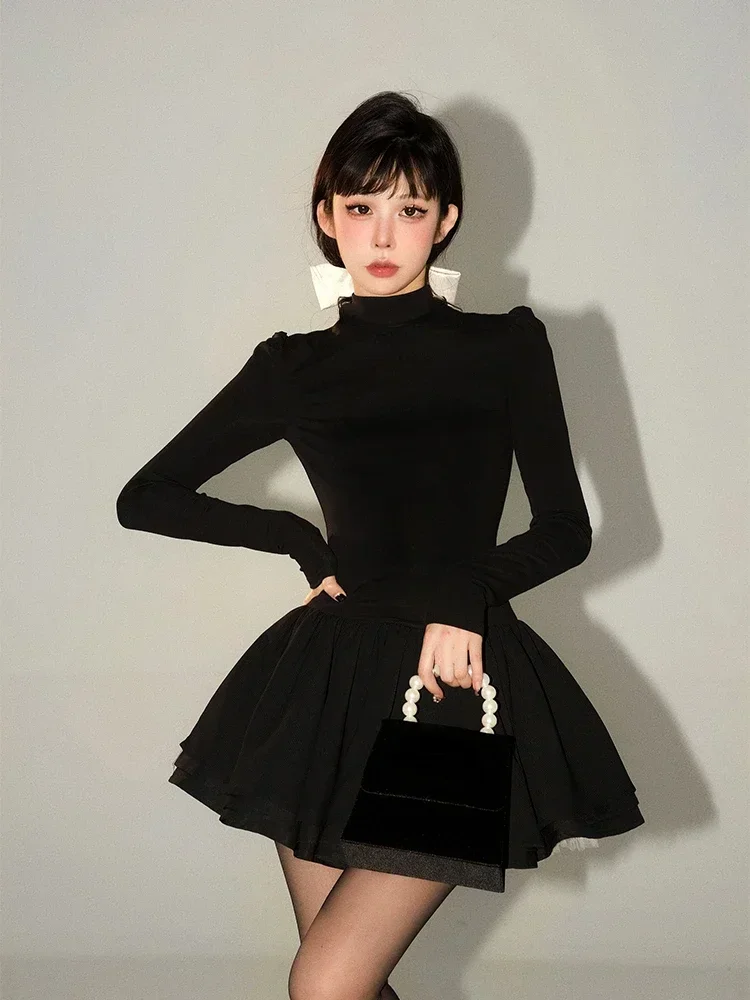 2023 Autumn Elegant Black Two Piece Dress Set Women casual Vintage Coat + Y2k Sweet Party Gown Dress Korean Fashion Female Suits