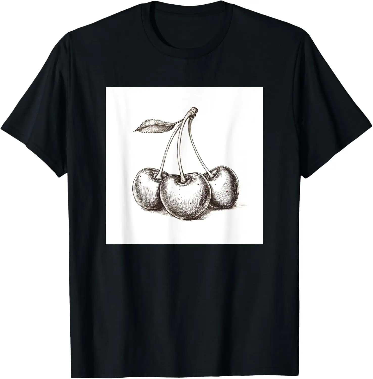 Cherry Cherries Pattern Print Black White T-Shirt