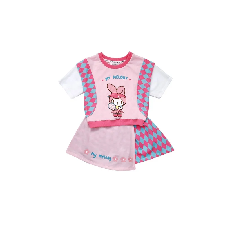 Kawaii Sanrio Short Sleeved Dress Set Anime My Melody Printed Sweet T-Shirt Pantskirt Top Short Skirt Two Piece Set Kids Gift