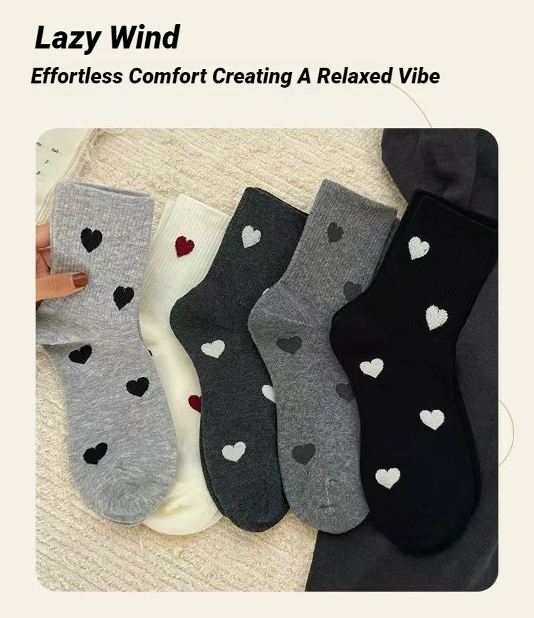 5/10 Paar Damen-Socken mit herzförmigem Muster, mittellange Socken, modischer Druck, weich, bequem, schweißabsorbierend, atmungsaktiv – Detail 3
