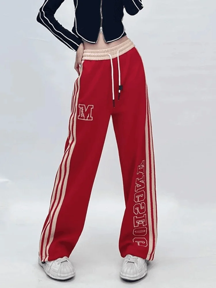 

Полосатые спортивные брюки с высокой талией, женские повседневные свободные брюки с вышитыми надписями, весна-лето, новые японские цветные брюки