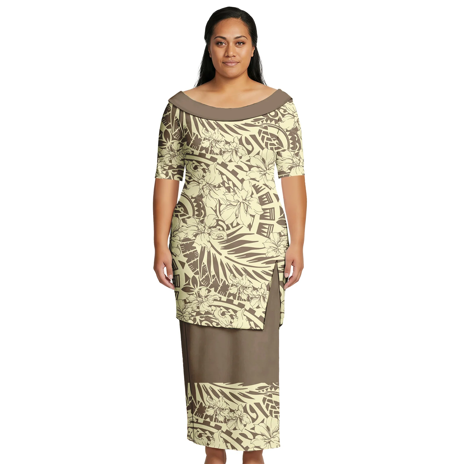 

Samoan 2pc Set Custom Clothes Women Long Skirts Polynesian Short Sleeve Lady Wear Hawaiian Island Slit Design Puletasi Dresses