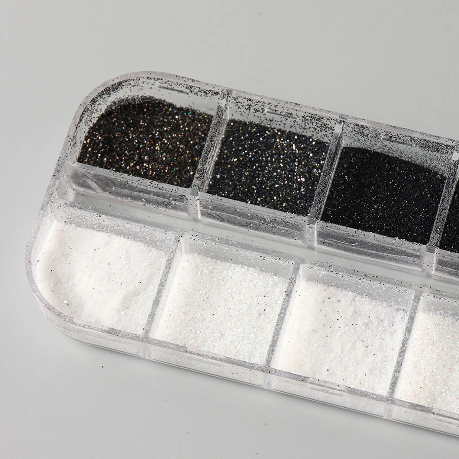 مسحوق لامع للأظافر باللون الأسود والأبيض، تأثير مطلي بالسكر قزحي الألوان، تصميم فرنسي أنيق لحفلات الزفاف، رقائق صبغ الكروم اللامعة #6