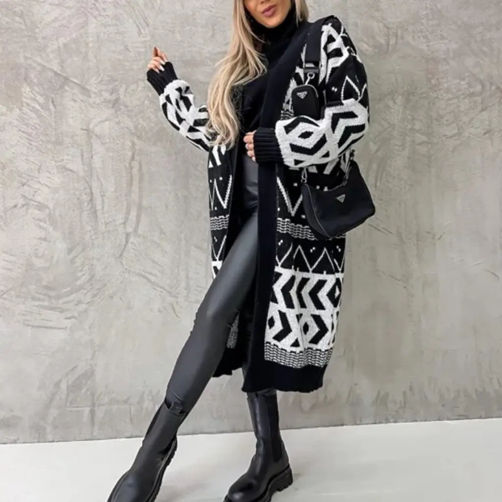 

Women's Autumn Winter V-Neck Jacquard Knitwear Geometric Mid-Length Cardigan Loose Fit Fashion