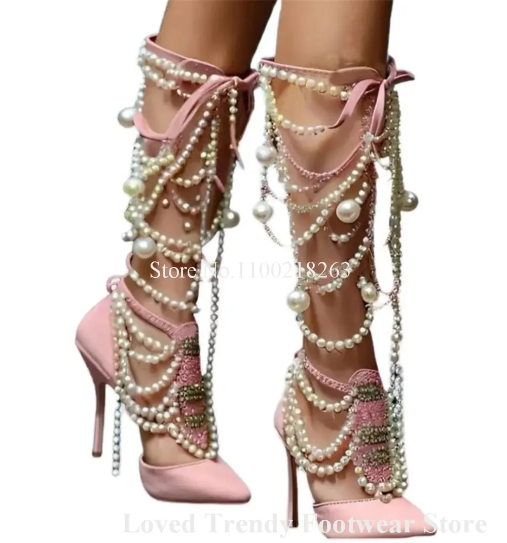 

Emeline Dubois Bling Bling жемчуг цепочки туфли-лодочки на шпильке с острым носком и кристаллами ремешки розовые атласные босоножки на тонком каблуке