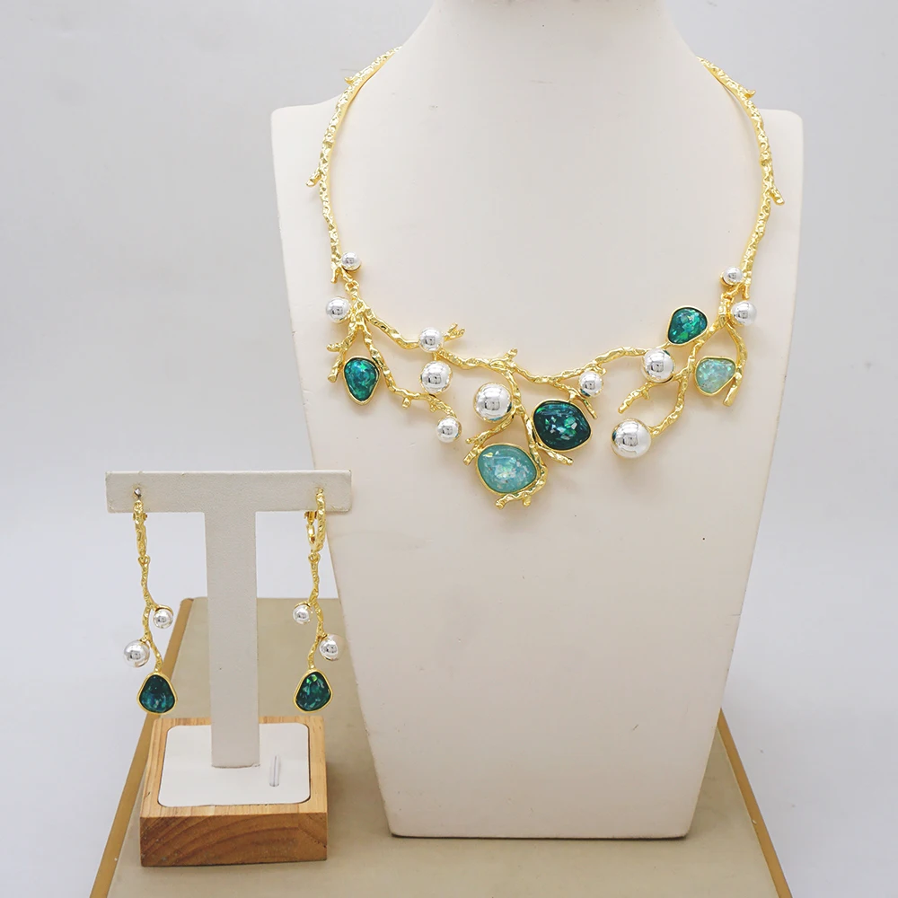 

Noble Choice Dark Green Stone Necklace Earrings Jewelry Set For Women For Bridal Wedding Jewelry Set Clothing Accessories