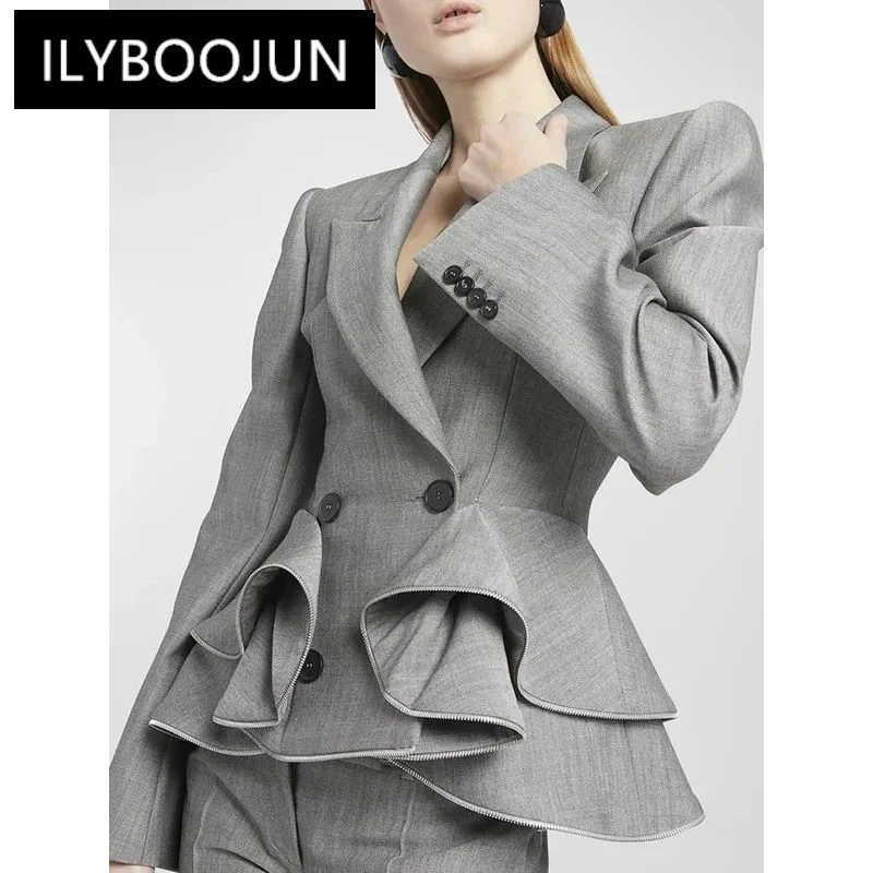 

ILYBOOJUN Solid Patchwork Ruffles Slimming Blazers For Women Notched Collar Long Sleeve Spliced Double Breast Blazer Female