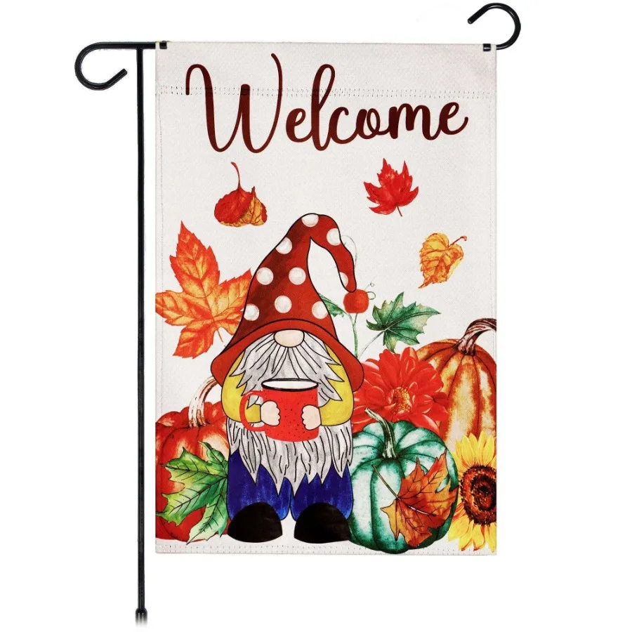 

Garden Flag Welcome Gnome with Coffee at Harvest 12x18 inch Blockout Fabric Double Sided