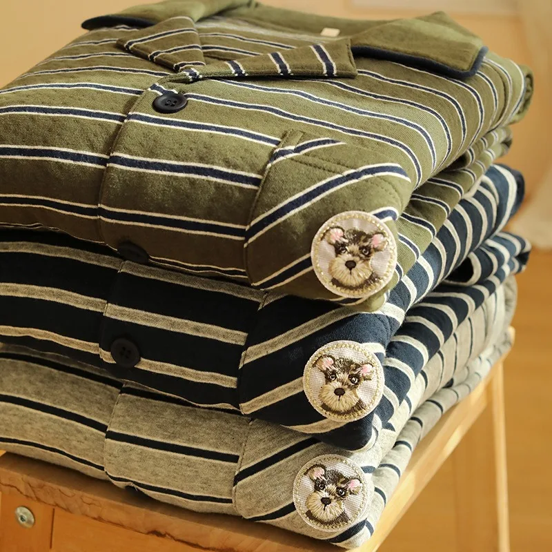 

Новые осенне-зимние комплекты из 2 предметов в японском стиле в полоску из воздушного хлопка с длинными рукавами, пижамный комплект для пар, удобная домашняя одежда