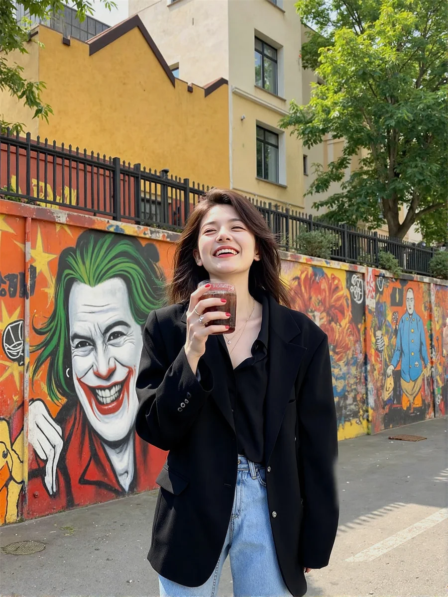 Women'S Modern Blazers Black White Turn-Down Collar Chaqueta O Neck Color-Blocked Cuffs Holiday Solidcolor Sleevebuttons Evening