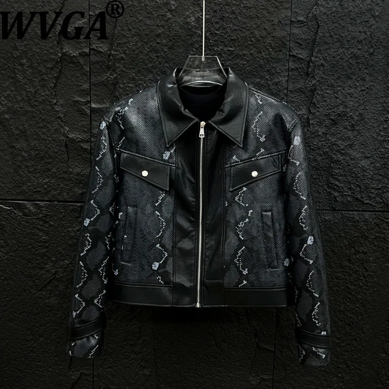 

WVGA Autumn Winter New Man Pattern Printed Turn-Down Collar Leather Jackets Niche Stylish Casual Padded Shoulder PU Coats W14802