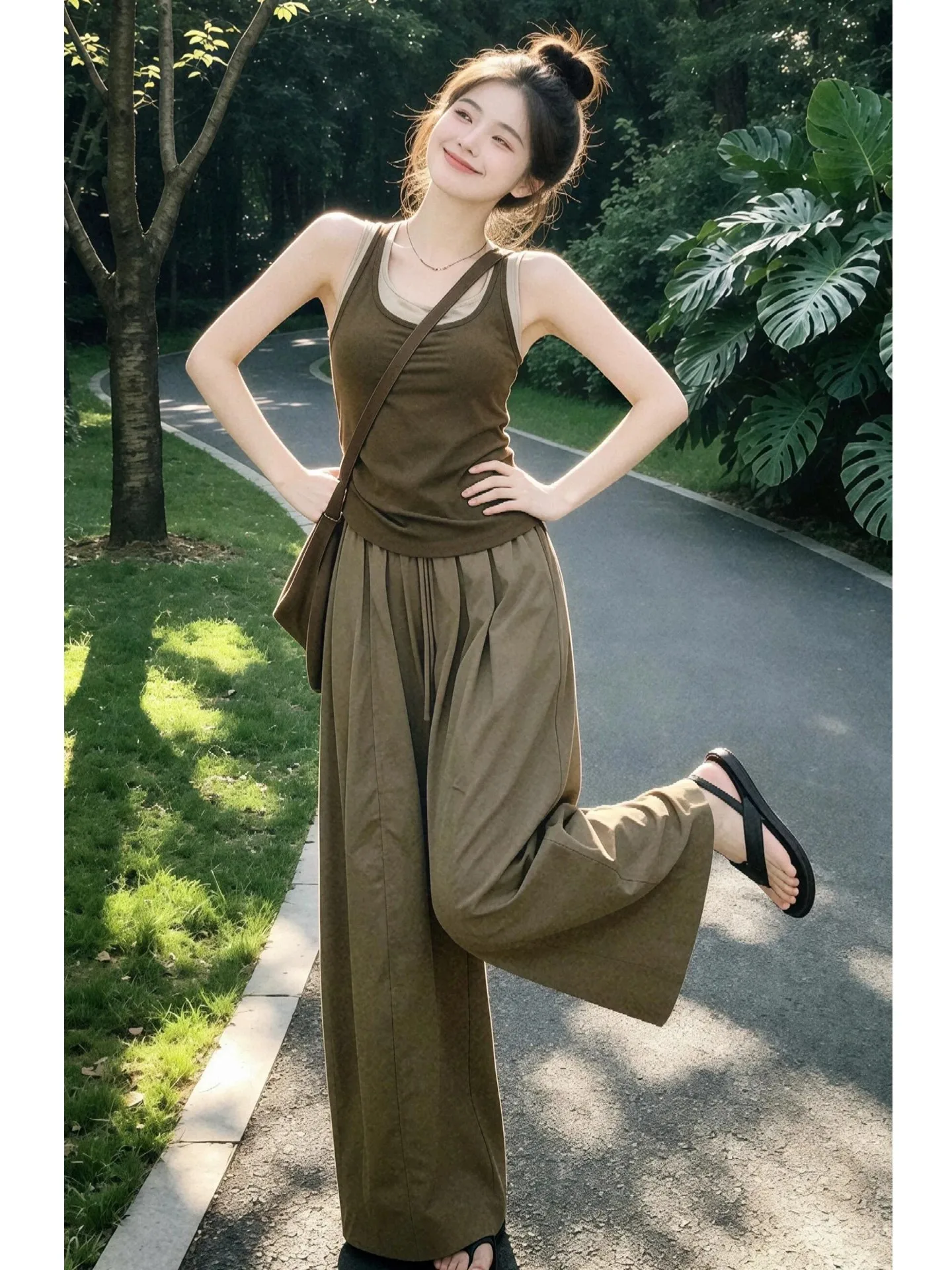 Slimming Illusion Two-Piece Vest Women's Sexy Sleeveless Top American Style Polyester Fiber Casual Breathable Short Length