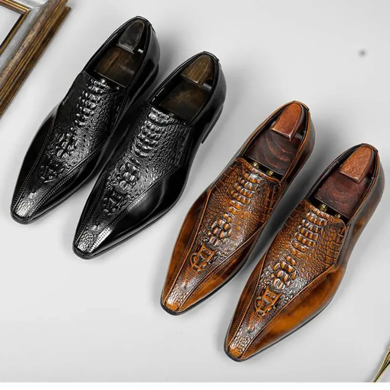 Luxury Italian Designer Genuine Leather Dress Shoes Men Handmade Business Wedding Derby Shoes Crocodile Pattern Male Moccasins