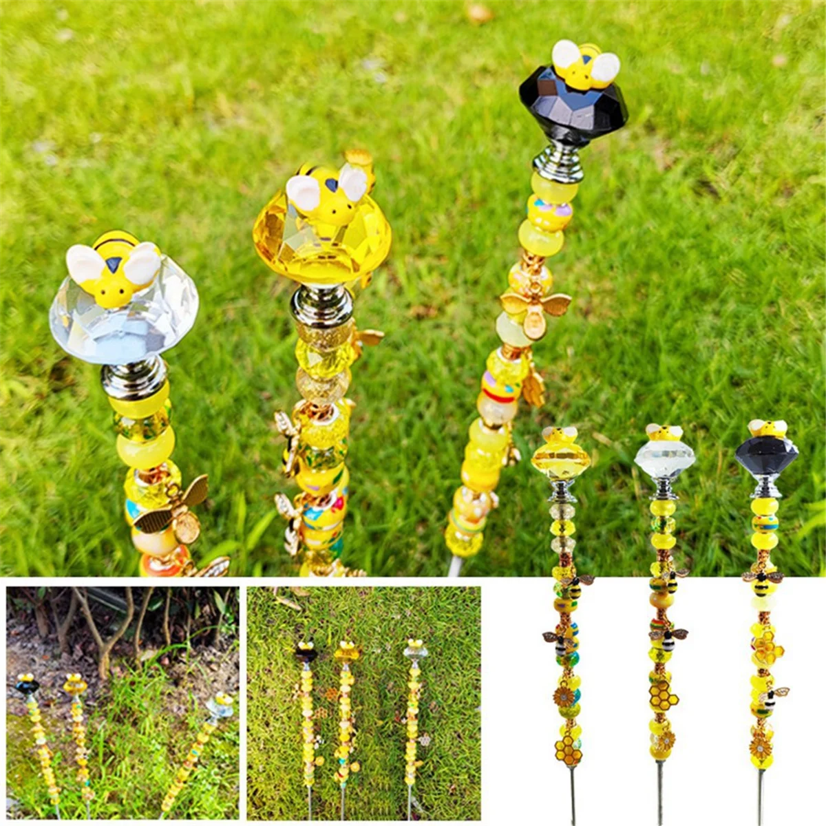 Bee Light Catcher Garden Decorative Stakes Fairy Stick DIY Beaded Decoration with Pendant Garden Supplies A