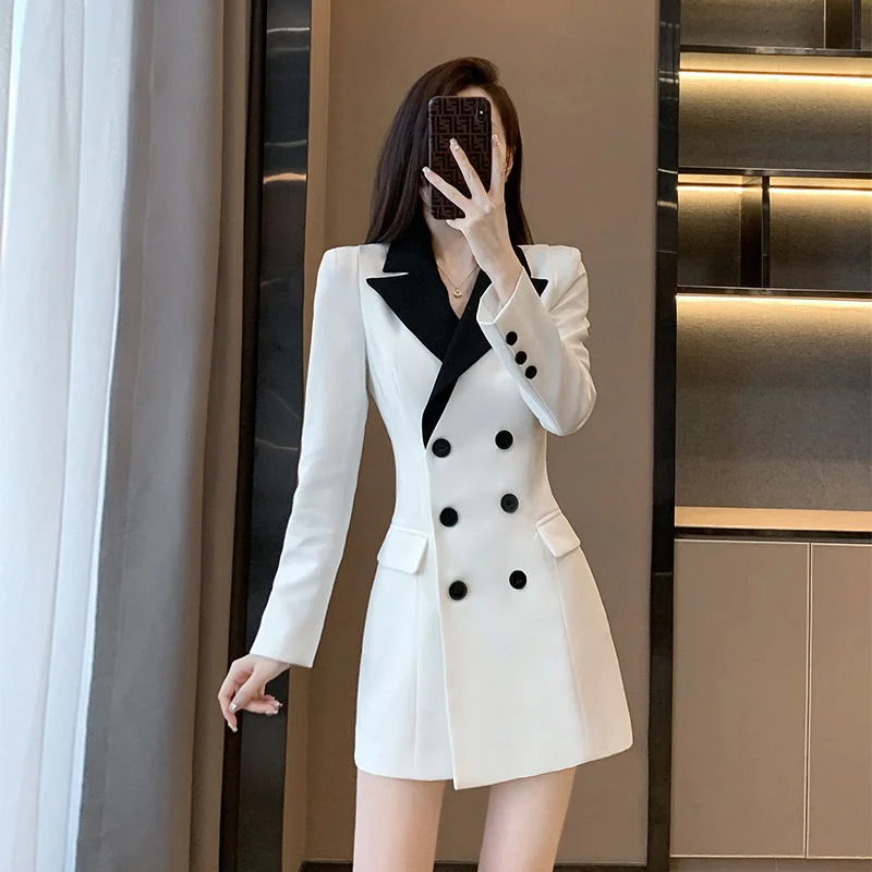 

French White Mid Length Version Blazer Dress For Women 2023 Spring New High End Celebrity Style Slim A-line Dress Splicing Coat