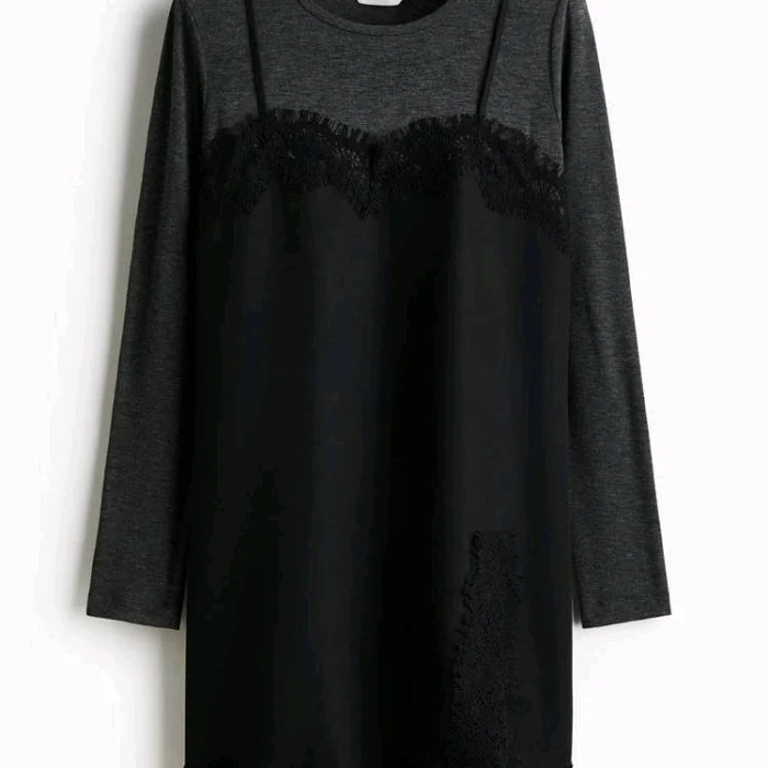 冬の新作 ラウンドネック ロング丈 エレガントなレディース レーストリム カジュアル スリーレイヤード風 ポリエステル フェアリースカート