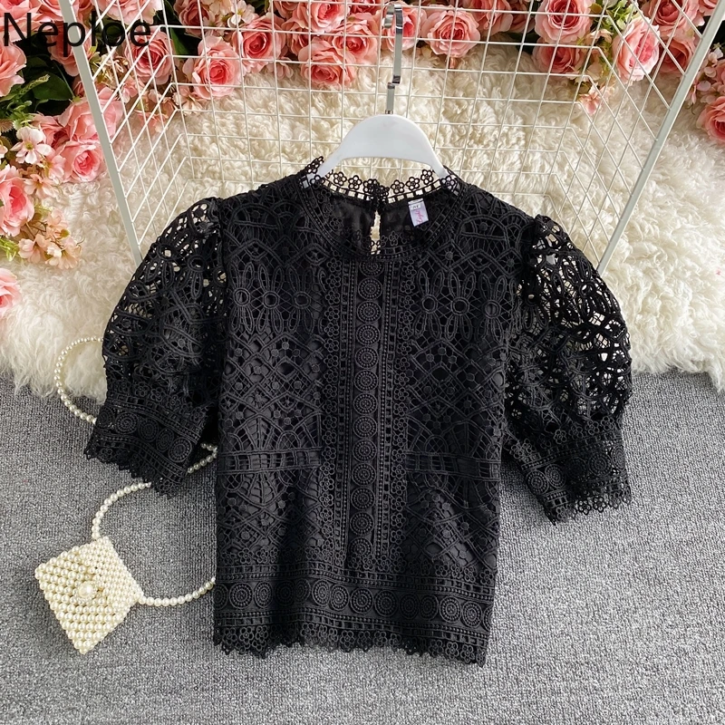 Blusas Mujer De Moda 2023 Vintage Puff Sleeve Blouses Hollow Out Crochet Floral Crop Tops Korean Summer Elegant Lace Shirts