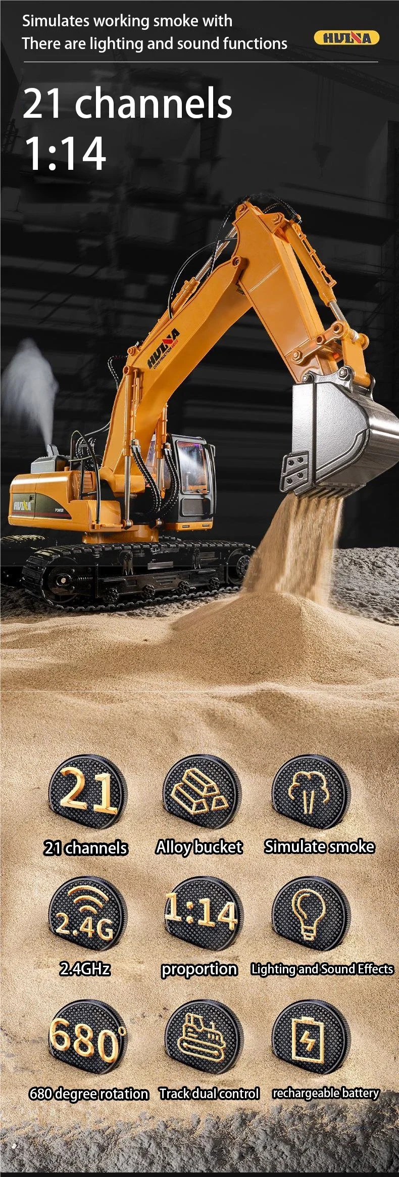 Huina 550HD 1:14 Alloy Remote Control Excavator 21CH Metal Digging Bucket Construction Vehicle 2.4G Wireless Large Excavator Toy