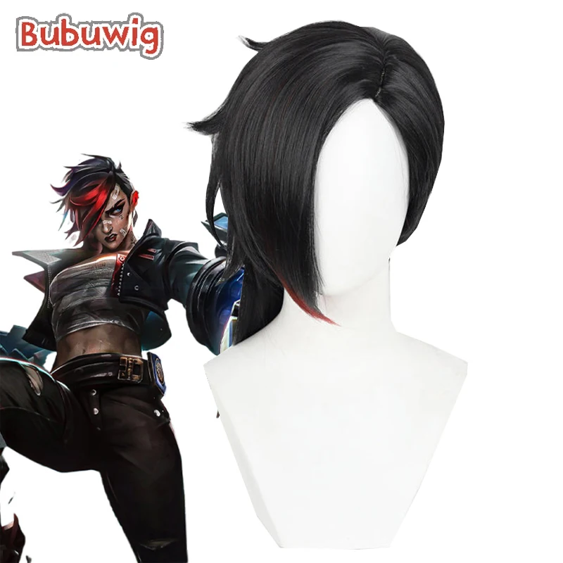 Bubuwig Synthetic Hair Arcane Vi Cosplay Wigs LOL Season 2 Arcane Vi 45cm Long Straight Black Mixed Red Cos Wig Heat Resistant