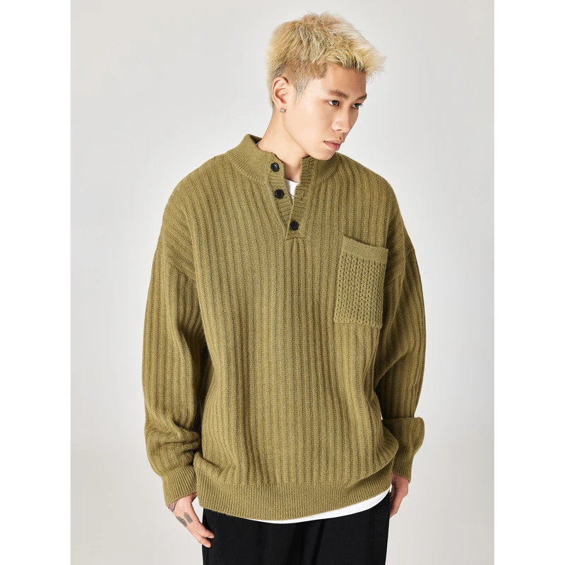 

CUMUKKIYP Chunky Knit Round Neck Buttoned Solid Color Sweater Mens Streetwear Loose Line Clothes Pullover Knitted Sweater