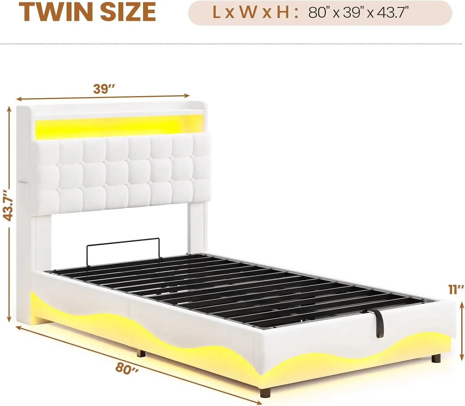 Lift Up Twin Bed Frame with Storage Headboard, Creamy White | LED Lights, Charging Station, Hidden Cubby, Velvet Upholstered Pri