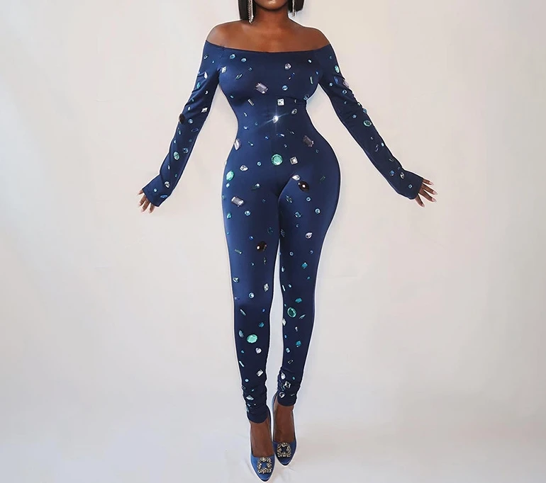 Hot Selling 2024 Women Long Pants Casual Style High Waist Tight Printed One Shoulder Long Sleeved Skinny Jumpsuit Pants