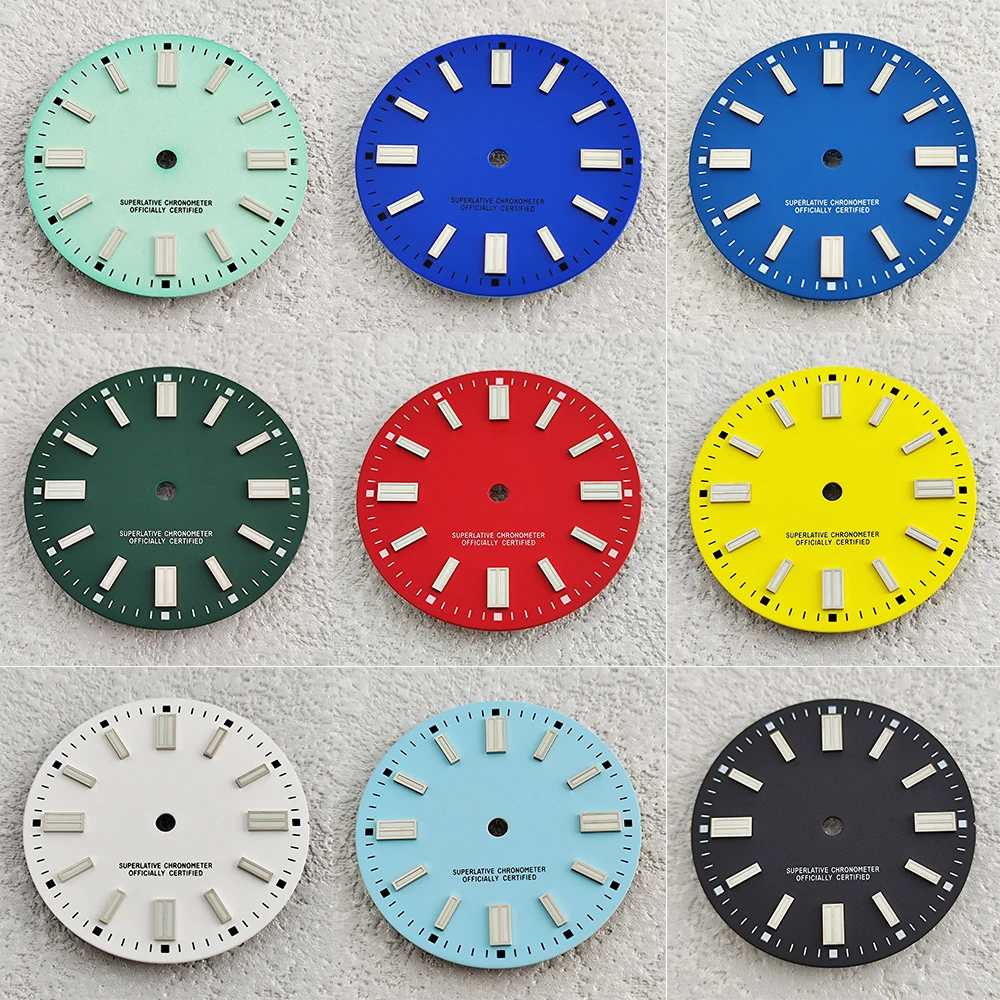 قرص معكرون بشعار 28.5 ملم S، مناسب لحركة NH35/NH36 ملحقات تعديل الساعة المضيئة باللون الأخضر