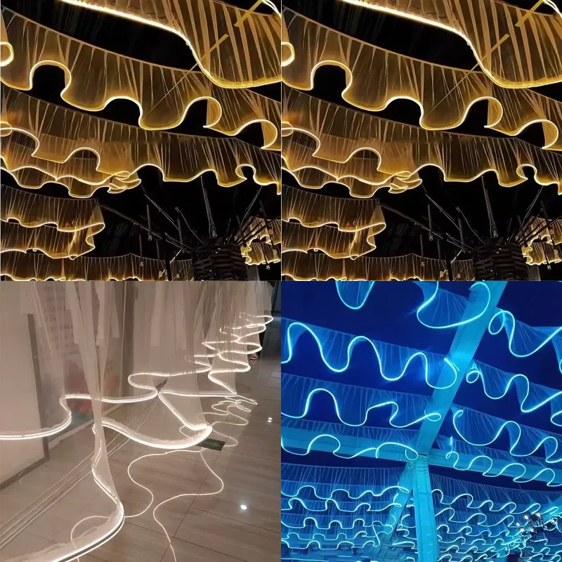 Wholesale Wedding Mesh Ceiling Curtains with LED Strip Lights Decorative Hanging Drapes for Catering Event Party Decoration