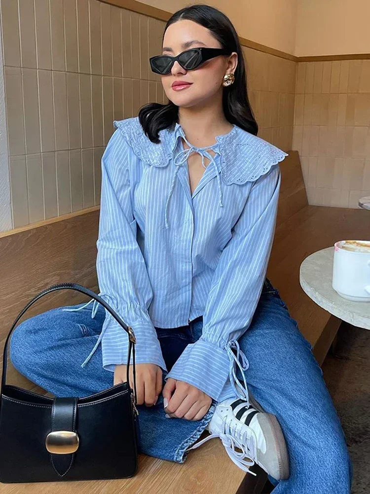 

Chic Long Sleeve Shirts Women Peter Pan Collar Single Breasted Female Blouses Spring Lace Up Lady Loose Tops Commuter