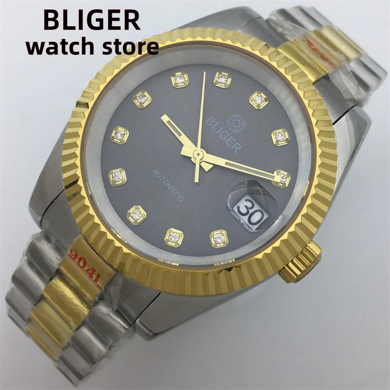 

BLIGER Nh35 36mm39mm Grey Dial Men's Automatic Watch Gold and Silver Two-tone Presidential Bracelet Diamond Index Sapphire Glass